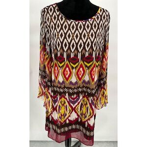 Wrangler Women's Multicolor Ikat Print Dress XL Bell Sleeves Sheer w/ Brown Unde